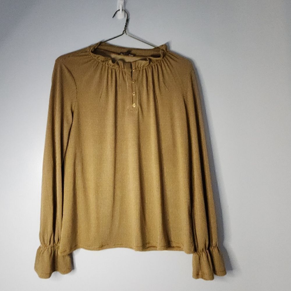 Adrianna Papell Yellow Brown Checkered Long Sleeve Shirt Blouse Button Ruffle M
